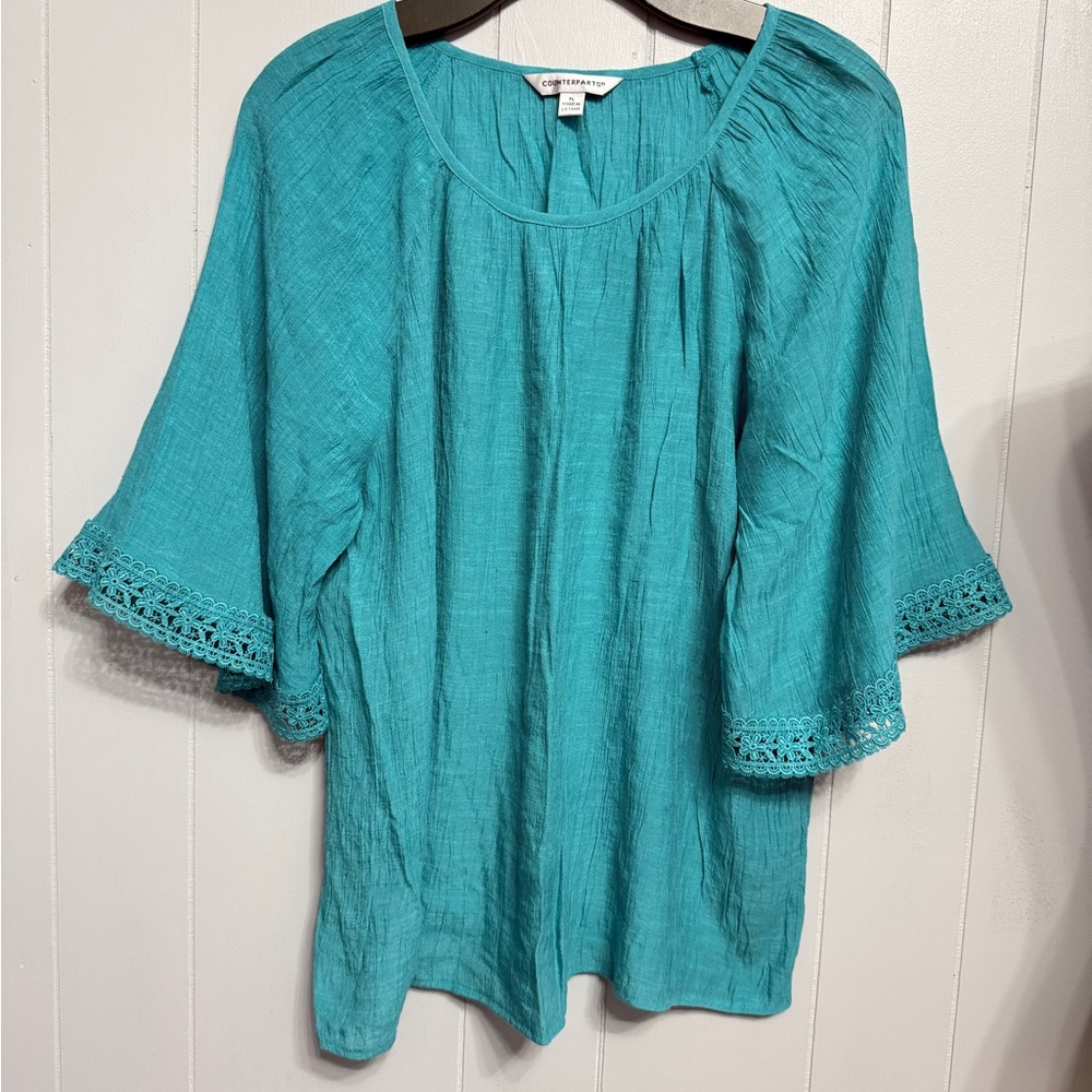 Counterparts Turquoise Blouse with Crochet Detail